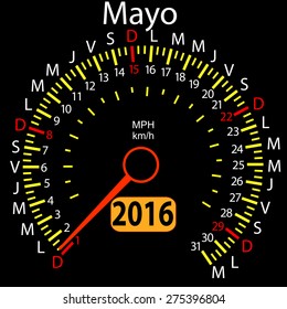 2016 year calendar speedometer car in Spanish, May. Vector illustration.