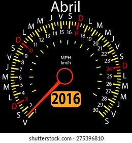2016 year calendar speedometer car in Spanish, April. Vector illustration.