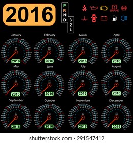 2016 year calendar speedometer car.  Vector illustration.