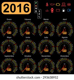 2016 year calendar speedometer car in Spanish. Vector illustration.