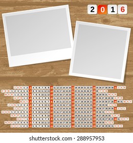 2016 Year Calendar Template with empty space for two photos.
EPS 10. 
Font used: Liberation Sans Bold (GNU General Public License).