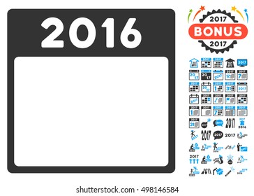 2016 Year Calendar Template icon with bonus calendar and time management images. Vector illustration style is flat iconic symbols, blue and gray colors, white background.