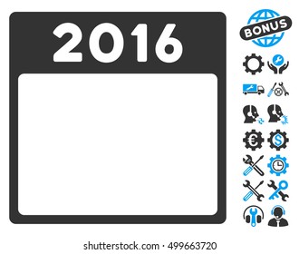 2016 Year Calendar Template icon with bonus setup tools pictograph collection. Vector illustration style is flat iconic symbols, blue and gray, white background.