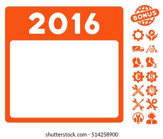2016 Year Calendar Template icon with bonus setup tools icon set. Vector illustration style is flat iconic symbols, orange, white background.