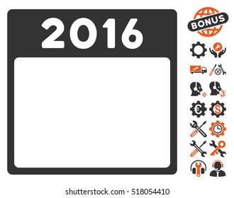 2016 Year Calendar Template icon with bonus options pictures. Vector illustration style is flat iconic symbols, orange and gray, white background.