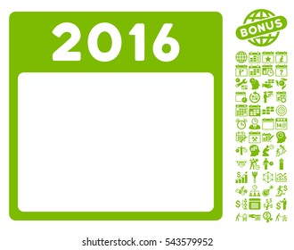 2016 Year Calendar Template icon with bonus calendar and time management symbols. Vector illustration style is flat iconic symbols, eco green, white background.