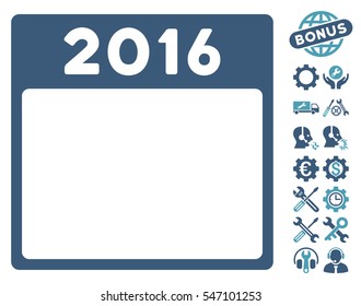 2016 Year Calendar Template icon with bonus settings pictograms. Vector illustration style is flat iconic symbols, cyan and blue, white background.