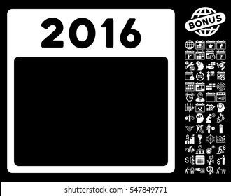 2016 Year Calendar Template icon with bonus calendar and time management icon set. Vector illustration style is flat iconic symbols, white, black background.