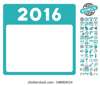 2016 Year Calendar Template icon with bonus calendar and time management design elements. Vector illustration style is flat iconic symbols, grey and cyan, white background.