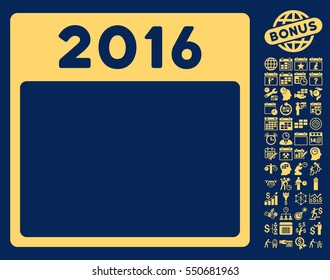 2016 Year Calendar Template icon with bonus calendar and time management design elements. Vector illustration style is flat iconic symbols, yellow, blue background.