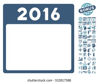 2016 Year Calendar Template icon with bonus calendar and time management pictures. Vector illustration style is flat iconic symbols, cyan and blue, white background.