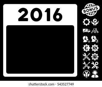 2016 Year Calendar Template pictograph with bonus options design elements. Vector illustration style is flat iconic symbols, white, black background.