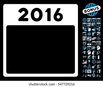 2016 Year Calendar Template pictograph with bonus calendar and time management icon set. Vector illustration style is flat iconic symbols, blue and white, black background.
