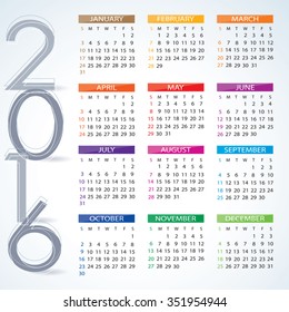 2016 year calendar. Vector of flat calendar for year 2016.