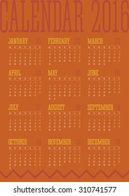 2016 year calendar vector grid, flat design, orange background