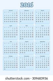 2016 year calendar (week starts on Monday)