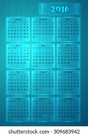 2016 year calendar (week starts on Monday)