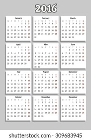 2016 year calendar (week starts on Monday)