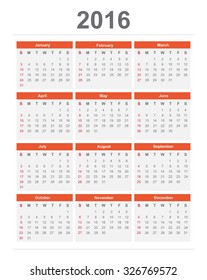 2016 year Calendar week starts sundy simple and clear style Vector eps10