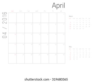 2016 year calendar.  Weeks start on Sunday.