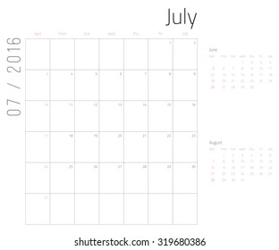 2016 year calendar.  Weeks start on Sunday.