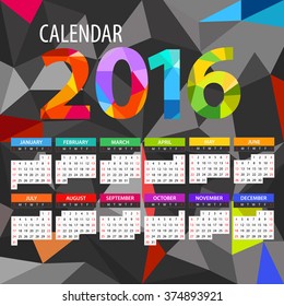 2016 year color calendar template. Flat design template