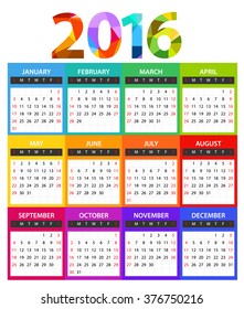 2016 year color calendar template. Flat design template