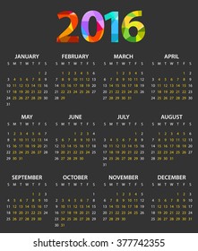 2016 year color calendar template. Flat design template