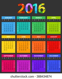 2016 year color calendar template. Flat design template