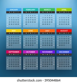 2016 year color calendar template. Flat design template