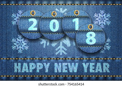 2016 year digits and Happy New Year greetings on blue jeans background. Vector illustration