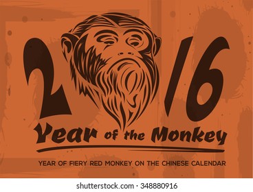 2016 - Year of fiery red monkey on the Chinese calendar. Monkey on a grunge background. Vector illustration.