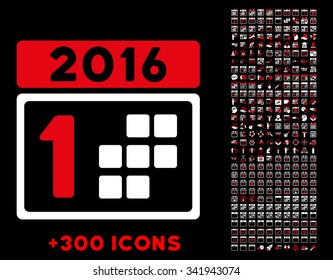 2016 Year First Day vector pictogram with additional 300 date and time management icons. Style is bicolor flat symbols, red and white colors, rounded angles, black background.