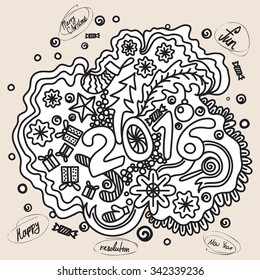 2016 year hand lettering and doodles elements background. Hand drawing Merry Christmas sketch vector illustration.