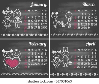 2016 year hand-drawn calendar on chalkboard (week starts on Sunday). January. February. March. April.