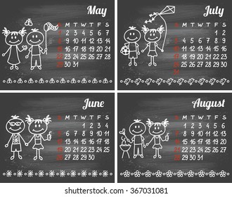 2016 year hand-drawn calendar on chalkboard (week starts on Sunday). May. June. July. August.
