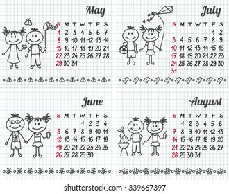 2016 year hand-drawn calendar (week starts on Sunday). May. June. July. August.