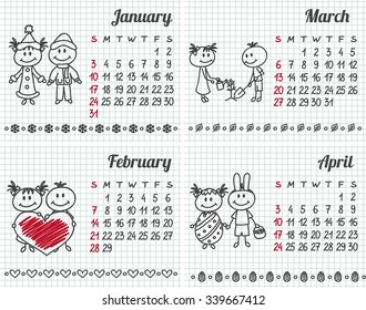 2016 year hand-drawn calendar (week starts on Sunday). January. February. March. April.