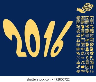2016 Year icon with bonus calendar and time management icon set. Vector illustration style is flat iconic symbols, yellow color, blue background.