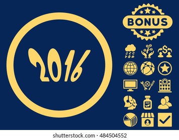 2016 Year icon with bonus design elements. Vector illustration style is flat iconic symbols, yellow color, blue background.