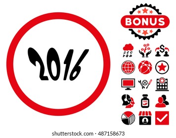 2016 Year icon with bonus images. Vector illustration style is flat iconic bicolor symbols, intensive red and black colors, white background.