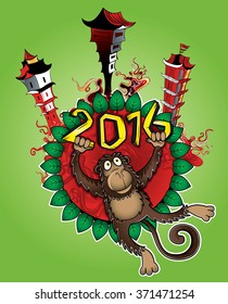 2016 Year of the monkey cartoon and chinese architecture background