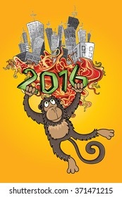 2016 Year of the monkey cartoon panel city vector illustration
