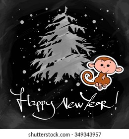2016  year of monkey. Cartoon monkey stickers. HAPPY NEW YEAR hand lettering on blackboard background. Vector illustration. 