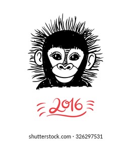 2016 Year of the monkey. Cute hand drawn monkey portrait.