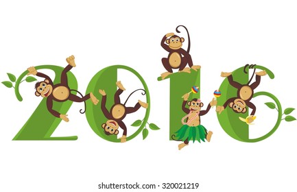 2016 year of the monkey. Monkeys frolic on the figure in 2016