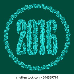 2016 year numbers in floral patterned round frame. Design element for greeting card.