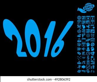 2016 Year pictograph with bonus calendar and time management graphic icons. Vector illustration style is flat iconic symbols, blue color, black background.