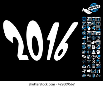2016 Year pictograph with bonus calendar and time management graphic icons. Vector illustration style is flat iconic bicolor symbols, blue and white colors, black background.