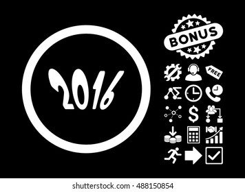 2016 Year pictograph with bonus pictures. Vector illustration style is flat iconic symbols, white color, black background.